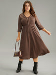 Waffle Knit Contrast V Neck Button Detail Dress