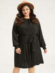 Pocketed Ribbed Pleated Belted Knit Dress