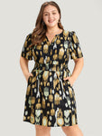 Graphic Print Notched Shirred Pocket Puff Sleeve Dress