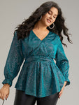 Sequin Wrap Ruffles Ruched Lantern Sleeve Blouse