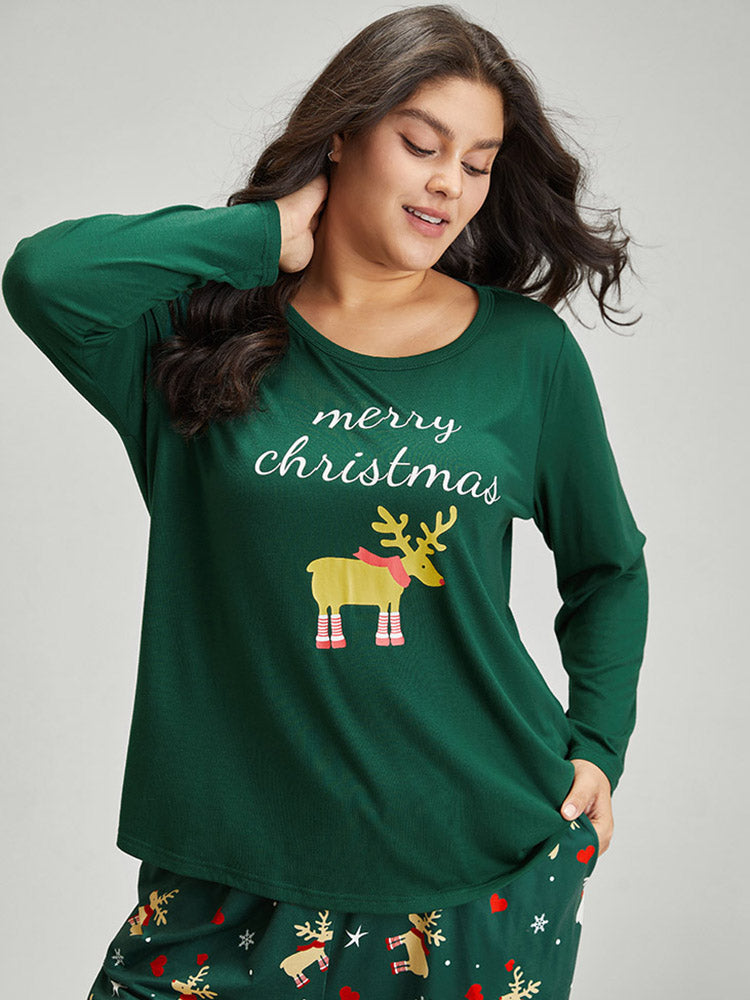 

Plus Size Sleep Tops | Christmas Elk Print Round Neck Sleep Top | BloomChic, Dark green