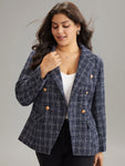 Tweed Plaid Suit Collar Metal Detail Blazer