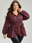 Plaid Shirt Collar Belted Button Through Blouse