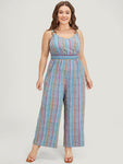 Striped Contrast Buckle Detail Pocket Shirred Jumpsuit