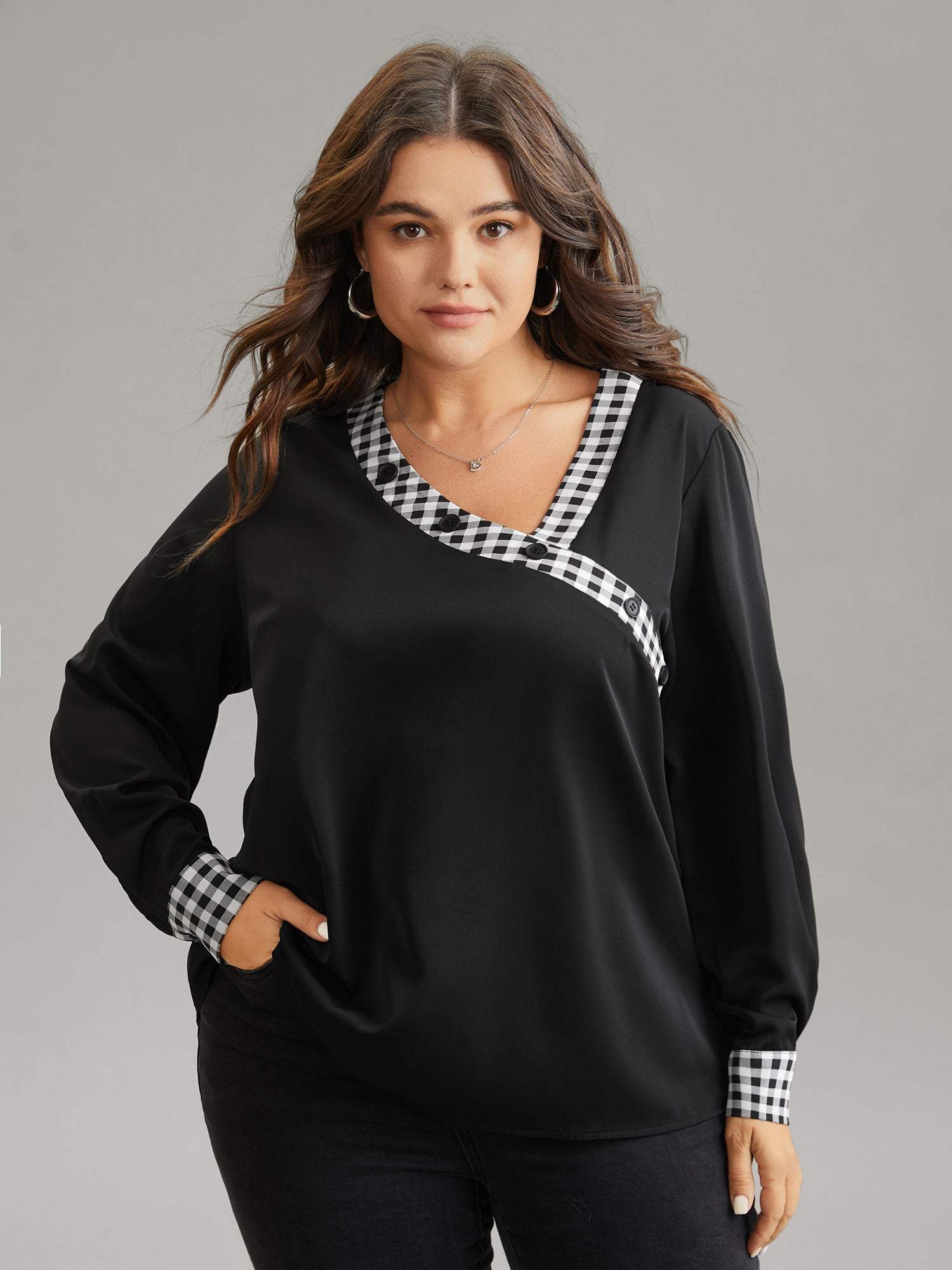 

Plus Size Women Work Checkered Asymmetrical Regular Sleeve Long Sleeve Asymmetrical Neck Office Blouses BloomChic, Black