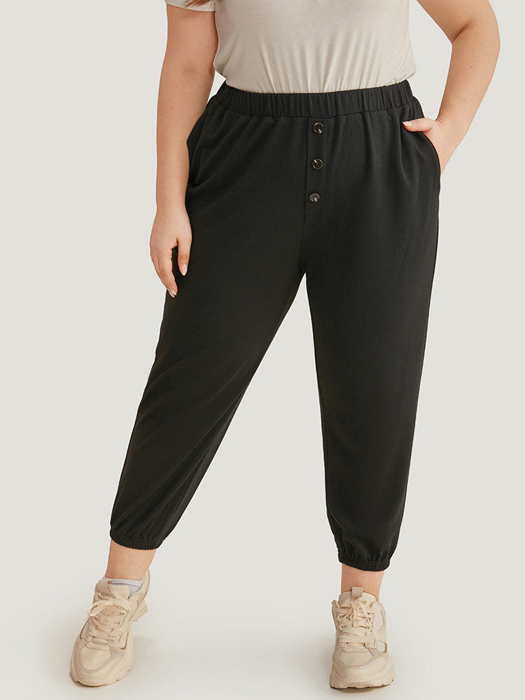 

Plus Size Sweatpants | High Rise Button Detail Elastic Waist Sweatpant | BloomChic, Black