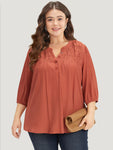 Plain Notched Button Through Elastic Cuffs Shirred Blouse