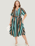 Striped Print Belted Pocketed Notched Collar Dress