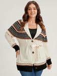 Fair Isle Pointelle Knit Belted Jacquard Button Front Cardigan