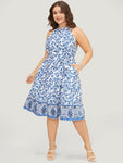 Belted Pocketed Halter Paisley Print Dress With Ruffles