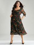 Mesh Gathered Floral Print Square Neck Dress