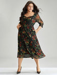 Floral Square Neck Mesh Gathered Dress