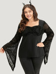 Halloween Floral Eyelet Lace Mesh Bell Sleeve Blouse