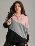 Colorblock Contrast Hooded Button Up Sweatshirt