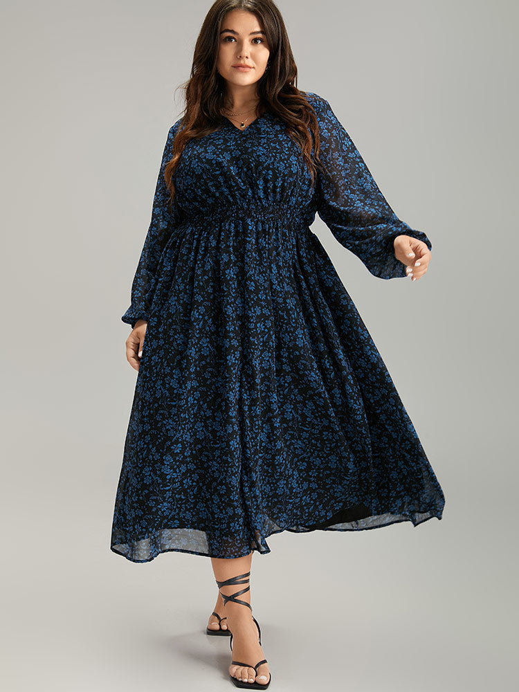 

Plus Size Women Dailywear Ditsy Floral Elastic cuffs Lantern Sleeve Long Sleeve V-neck Pocket Elegance Dresses BloomChic, Black