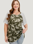 Camo & Striped Print Raglan Sleeve T shirt