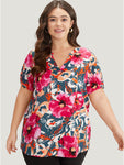 Floral Print Notched Lantern Sleeve Blouse