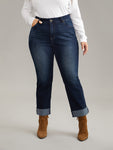 Solid Roll Hem Very Stretchy Straight Leg Jeans