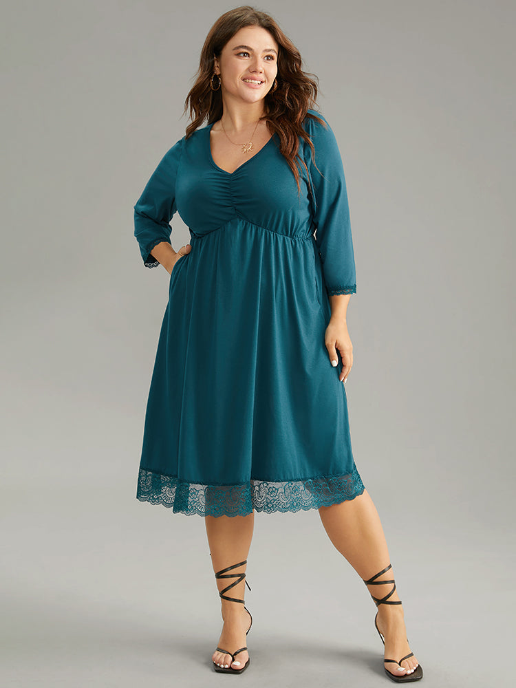 

Plus Size Women Work Plain Lace Regular Sleeve Elbow-length sleeve V-neck Pocket At the Office Dresses BloomChic, Cerulean