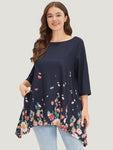 Floral Print Crew Neck Asymmetrical Hem T shirt