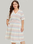 V-neck Striped Print Pocketed Midi Dress