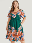 V-neck Floral Print Gathered Pocketed Dress With Ruffles