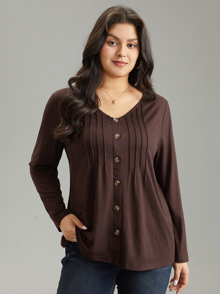 Image of V Neck Solid Pleated Button Detail T-shirt