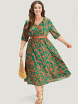 General Print Collared Shirred Dress