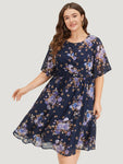 Round Neck Pocketed Floral Print Dress With Ruffles