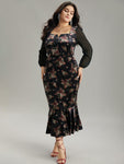 Floral Print Mermaid Velvet Dress With Ruffles by Bloomchic Limited