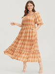 Flutter Sleeves Square Neck Pocketed Plaid Print Dress