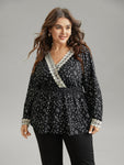 Ditsy Floral Wrap Shirred Lace Patchwork Blouse