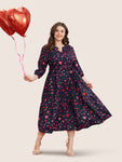 V-neck Pocketed Belted General Print Dress With Ruffles