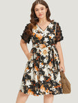 Floral Print Mesh Pocket Belted Patchwork Dress