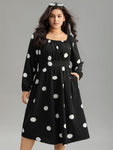Square Neck Polka Dots Print Gathered Dress