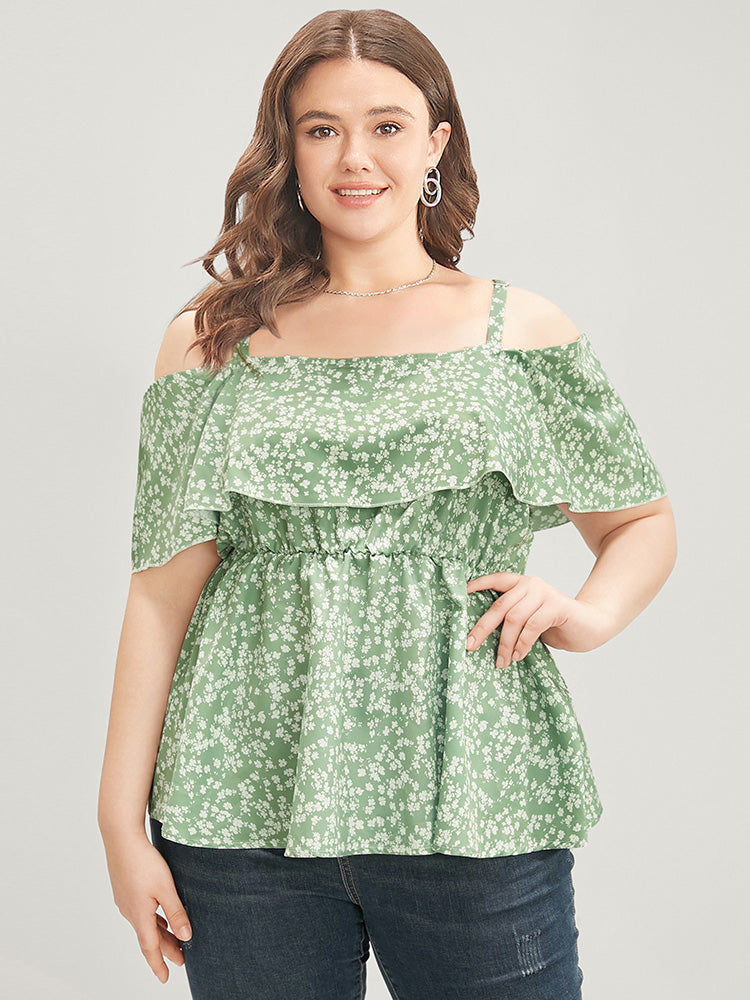 

Plus Size Women Dailywear Ditsy Floral Ruffle Sleeve Short Sleeve Cold Shoulder Elegance Blouses BloomChic, Mint