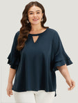 Anti wrinkle Plain Keyhole Ruffle Layered Sleeve Blouse