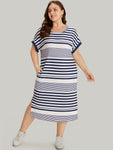 Striped Print Dolman Sleeve Split Hem Pocket Dress