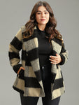 Plaid Pu Leather Belted Lapel Collar Coat