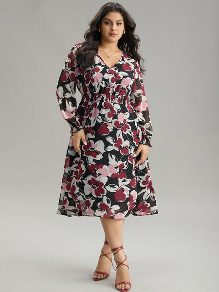 Shirred Chiffon Floral Print Dress