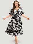 Belted Pocketed Striped Floral Print Dress