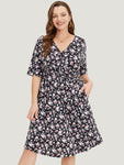 Floral Print Elbow Length Sleeves Pocketed Collared Dress
