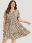 Animal Leopard Print Pocketed Gathered Notched Collar Dress With Ruffles