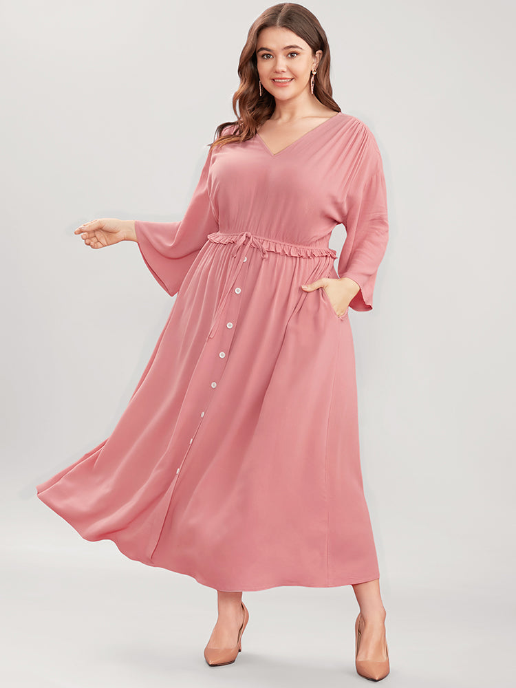 

Plus Size Women Dailywear Plain Elastic Waist Regular Sleeve Three Quater Length Sleeve V Neck Pocket Elegance Dresses BloomChic, Dusty pink