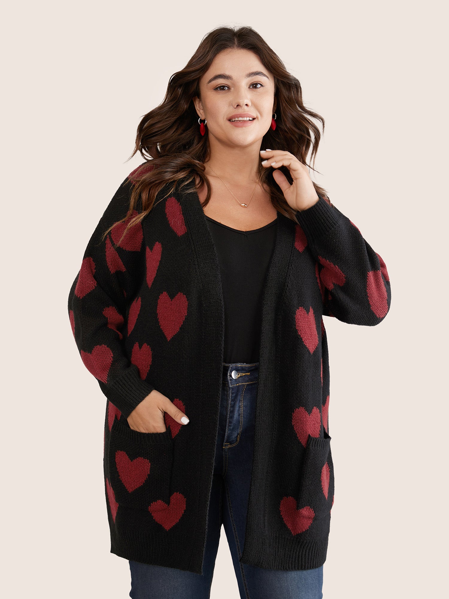 

Plus Size Cardigans | Heart Geometric Contrast Pocket Cardigan | BloomChic, Black