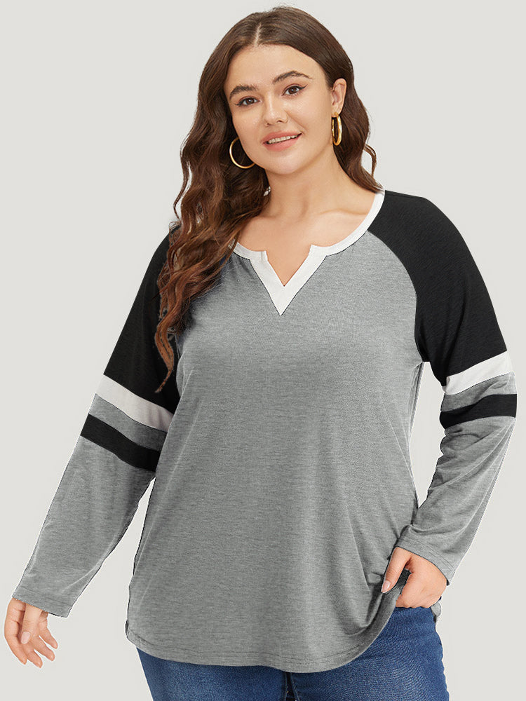 

Plus Size Women Dailywear Striped Patchwork Raglan sleeve Long Sleeve Notched collar Casual T-shirts BloomChic, Gray
