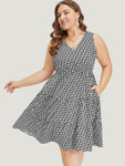 V-neck Pocketed Elasticized Waistline Geometric Print Sleeveless Dress