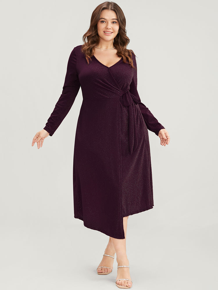 

Plus Size Women Going out Plain Knotted Regular Sleeve Long Sleeve V Neck Pocket Party Dresses BloomChic, Eggplant