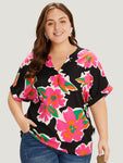 Floral Print Notched Roll Dolman Sleeve Blouse