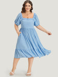 Square Neck Puff Sleeves Sleeves Ruched Dress With Ruffles